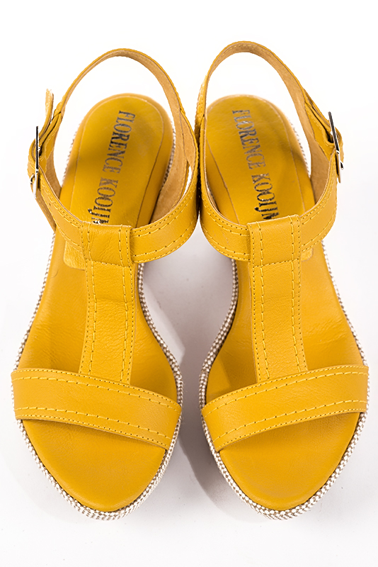 Mustard yellow women's fully open sandals, with an instep strap. Round toe. High wedge soles. Top view - Florence KOOIJMAN